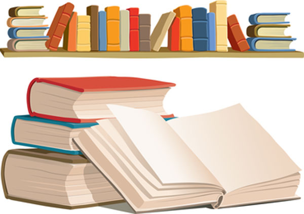Imagen libros en estantería y libro abierto.
